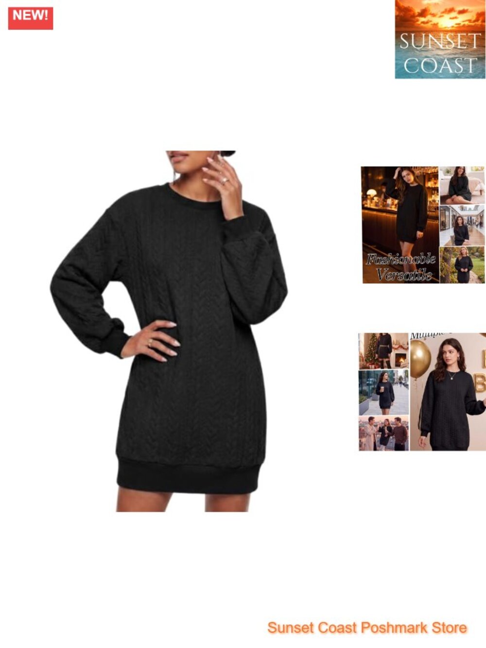 Women's Cable Knit Sweater Dress Long Lantern Sleeve Mini Pullover